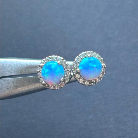 Elegant Round Sterling Silver Crystal Halo and Bright Blue Opal Stud Earrings - Picture 1 of 4